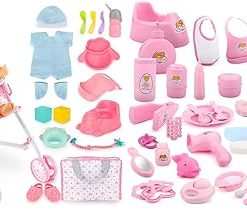 deAO 13″ Baby Doll Set with Foldable Stroller & 58 PCS Accessories