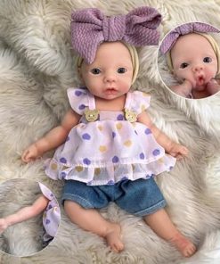 11 Inch Full Body Silicone Reborn Baby Doll, Eyes Open Realistic Lifelike Full Silicone Body Baby Girl, Not Vinyl Material Dolls – Cute Bow Suit Girl 2