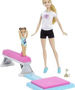 Barbie Careers Playset, Flippin’ Fun Gymnast with Blonde Coach Doll, Brunette Small Doll, Balance Beam & Flipping Dismount Action