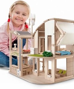 PlanToys Green Wooden Dollhouse with Furniture – Chemical-Free Green Toy Featuring 18 Wooden Furtniture Set