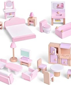 22 Pieces Wooden Doll House Furniture Toy Set – Bathroom Kitchen Bedroom Living Room 4 Set