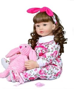 Reborn Toddler Dolls Girl Lifelike 24 inch 60cm Silicone Vinyl Doll Soft Cotton Body with Curly Hair Fashion Dolls Outfit Birthday Gift for Age 3+ (Brown Hair)