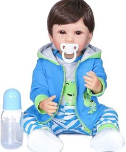 Reborn Baby Dolls Full Body Silicone Boy Newborn Bebe Doll 22 inch 55cm Lifelike with Brown Hair Open Eyes Green Coat 2