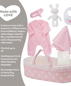 Adora Adoption Babies Essentials, 8-Piece Adoption Baby Doll Accessories and Bunny Toy includes Pink Bassinet, Ruffled Onesie, Headband, Blanket, and Bottle Birthday Gift For Ages 3+ – It’s A Girl 2