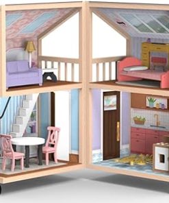 So Darling Wooden Dollhouse on Wheels, Open & Close with 29 Accessories