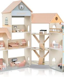 HONEY JOY Doll House, Wooden Dollhouse Playset w/7 Rooms, 42 Accessories & Miniature Furniture, Pretend Play Toys Kit, 3.1 Feet Big Doll House, Christmas Birthday Gift for Girls Boys Age 3+ (Orange)