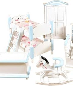 Dollhouse Blue & White Child’s Bedroom Furniture Set with Bunk Bed 1:12 Scale
