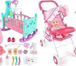 deAO Baby Doll Set with Crib Bed High Chair Stroller Baby Doll Accessories 35 Pieces Play Set Birthday for Girls Boys Kids