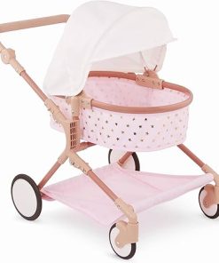 BABI by Battat – Baby Doll Double Stroller Mini Gold Stars – Foldable Canopy, Swivel Wheels, Storage Basket – Pink Carriage Fits Twin 14-inch Dolls – Children’s Toys for Kids Ages 3+