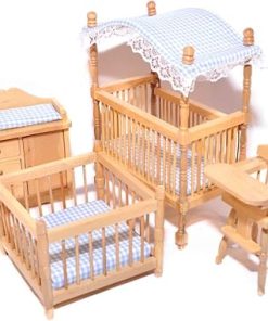Melody Jane Dollhouse Light Oak Blue Gingham Nursery Furniture Miniature Baby Boy Room Set