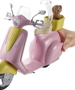 Barbie Toy Scooter with Puppy & Helmet Accessory, Pink & Yellow Moped with Basket, Kickstand & Seat Clip for Doll 2