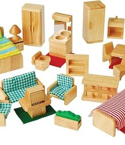 Constructive Playthings Children’s Hardwood 26 Piece Play Furniture Set to Furnish 4 Dollhouse Rooms