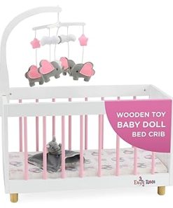 Emily Rose Toy Wooden Baby Doll Bed Crib Set for Little Girls with Elephant Lovey and Spinning Mobile – Gift Set for 3+ Year Olds – Fits Dolls up to 20 inches – White/Pink/Gray | USA Business
