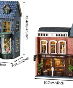 WYD Miniature Dollhouse Furniture kit, European Style Architectural Model, 3D Wooden Mini Doll Craft Ornaments with LED Lights, Youth Creative Handicrafts (Magic Shop+Corner Western Restaurant) 2