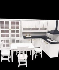 Dollhouse Decoration Accessories,Miniature Kitchen 1:12 Mini Dollhouse Mini Kitchen Dining Table and Chair Cabinet 2