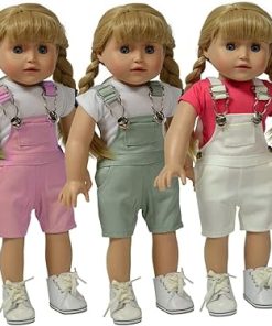 The New York Doll Collection Set of 3 Twill Overalls: Pink, Grey and White