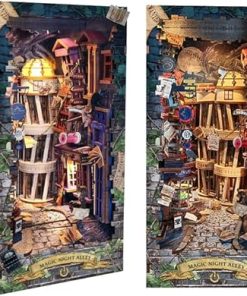 DIY Book Nook Kit，3D Puzzle Wooden Bookends Dollhouse with LED Light Miniature House Kit Bookend Bookshelf Alley Decor for Teens Adults（Magic Night Alley）