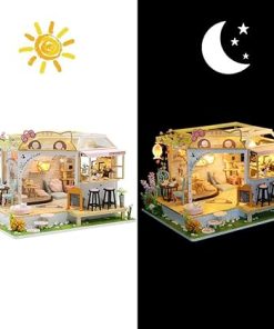 WonDerfulC Cat Cafe Wooden Miniature Dollhouse Kit DIY Pet Cat Coffee Shop Building Model Accessories with Furniture LED Light Music Box Birthday (Include Dust Cover) 2