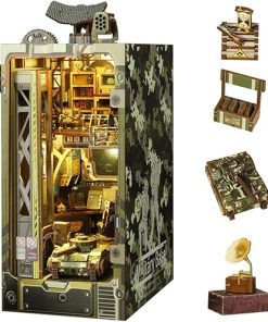 DIY Book Nook Kit 3D Wooden Book Stand Military Base Puzzle DIY Dollhouse Wood Bookends Building Model Puzzle Toy with LED Light for Teens and Adults Building Creative Gifts