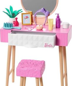 Barbie Furniture & Accessories Set, Doll House Décor, 10+ Pieces for Vanity Including Stand with Mirror, Stool, Beauty Products & More 2
