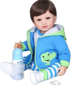 Reborn Baby Dolls Full Body Silicone Boy Newborn Bebe Doll 22 inch 55cm Lifelike with Brown Hair Open Eyes Green Coat