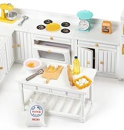 Wooden Dollhouse Furniture 1 12 Scale, Doll House Furniture Toys for Dollhouse Kitchen Incl Cabinets Kitchen Island Refrigerator Stand Nixer, Miniture House Furniture and Accessories