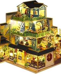 Miniature Chinese Style Three-Storey Villa Dolls House, Wooden Furniture, DIY Dollhouse Kit with LED Creative Room,Adult Teenager Children Gift