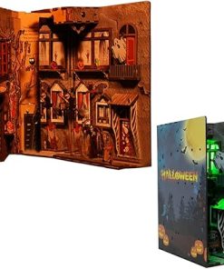 WonDerfulC 3D Wooden Book Stand Puzzle DIY Dollhouse Wood Bookends Book Nook Model Building Kit with LED Light for Teens and Adults to Build-Creativity Gift for Birthdays Christmas Halloween