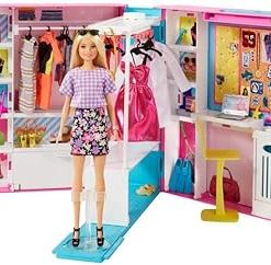 Barbie Dream Closet with Blonde Doll & 25+ Pieces, Toy Closet Expands to 2+ ft / 60+ cm Wide & Features 10+ Storage Areas, Full-Length Mirror, Customizable Desk Space and Rotating Clothes Rack
