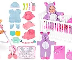 deAO Baby Doll Stroller Set with 13 inch Doll,Kids Play Stroller Toys,13″ Baby Doll Set with Foldable Doll Stroller,18 PCS Baby Doll Accessories with 2 Sets Doll Clothes