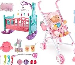 deAO Baby Doll Play Set with Crib, Stroller , High Chair Feeding Accessories, Interactive Dolls for Girls Kids Pretend Play Baby Dolls 39 PCS