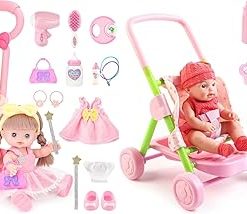 deAO Baby Doll Stroller with 12 inch Doll,12″ Baby Doll Role Play Set with Foldable Doll Stroller,16 PCS Baby Doll Accessories,Doll Nursery Play Set for 3 4 5 6 Girls Kids