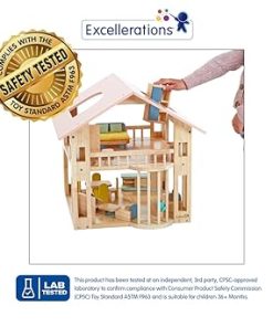Excellerations Wooden Deluxe Dollhouse – 28 Pieces – Natural 2
