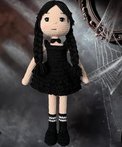 Tiny Things Wednesday Addams Style Handmade Crochet Knitted Doll, Halloween Accessory, Wednesday Addams Toy for Horror Lovers, Horror and Cuteness Together 12.6 inç
