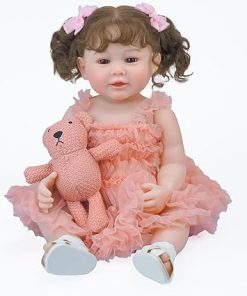 KAWAYII- 22 InchReborn Baby Doll Girl Lifelike Babies Newborn Dolls That Look Real Full Soft Vinyl Body Cute Realistic Bebe with Curly Hair Beautiful Pink Dress Accessories for Kids Age 3+
