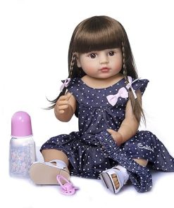 RXDOLL Cute Reborn Baby Girl Doll 22 inch Long Hair Newborn Toddlers Dolls Full Body Silicone with Dark Blue Dress Accessories Set for Gifts 2