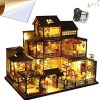 3D Wooden Assembled Dollhouse Kit DIY Miniature Japanese Style Courtyard Scene Building with Dust Cover and Music Creative Halloween