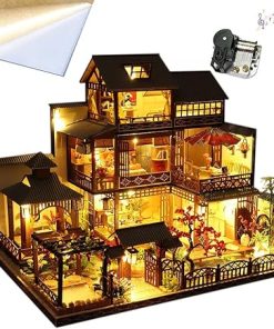 3D Wooden Assembled Dollhouse Kit DIY Miniature Japanese Style Courtyard Scene Building with Dust Cover and Music Creative Halloween