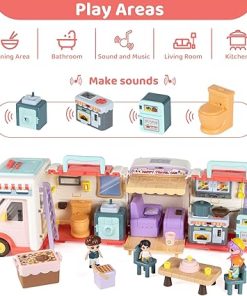 Marstone Doll House Toys for Girls 3 4 5 6 7 8+ Year Old, Transformable Dream Camper House with Little People, Pretend Play RV Set Dollhouse Inertia Vehicle with Sound and Music for Birthday Gifts 3+ 2