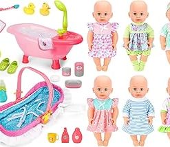 deAO Baby Doll Set, 25 PCS Baby Doll Accessories with High Chair, Bath, Crib, Feeding Accessories 14″ Pretend Play Baby Dolls Toys Gift for Girls