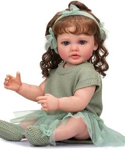 RXDOLL Reborn Baby Dolls Silicone Full Body Girl 22″ Toddler Lifelike Dolls Realistic Long Hair Waterproof Toddler Baby Dolls with Green Outfit for Kids Birthday Gifts 2
