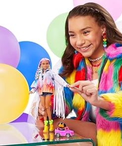Barbie Extra Doll & Accessories with Rainbow Braids in Long-Fringe Denim Jacket with Pet Puppy and Car for Pet 2