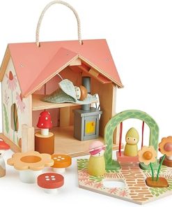 Tender Leaf Toys – Rosewood Cottage – Portable Furnished Wooden 2-Story Dollhouse Set with Handle, 4 Pcs Miniature Toadstool Family with 10 Accessories – Pretend Play Gift for Kids – Age 3+ 2