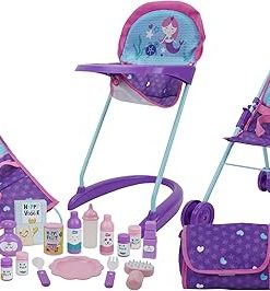 509 Crew Mermaid 19 Piece Set: Doll Travel, Feed, Sleep n Play Set – Half Folding Doll Stroller, Bouncer, Highchair, 15 Piece Accessories & Diaper Bag/Handbag, Kids Pretend Play Ages 3+ (T820028)
