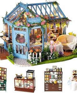 TuKIIE DIY Miniature Dollhouse Furniture Kit, 1:24 Scale Creative Room Wooden Doll House Accessories Plus Dust Proof & Music Movement for Kids Teens Adults(Rose Garden Tea House)