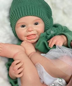 18-Inch Harper Full Body Silicone Reborn Baby Doll Girl, Lifelike Newborn Baby Full Platinum Silicone Doll with Green Sweater Christmas Holiday Presents Set, Not Vinyl Material Dolls 2
