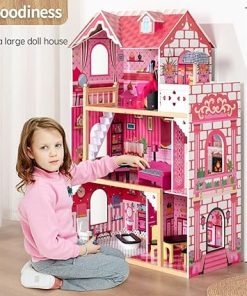 Pink Doll House, Wooden Kids Dollhouse with Balcony & Stairs, Accessories & Furniture Included, Large 3-Story Easy to Assemble Doll House Toy, Gift for Toddler Boys Girls 2