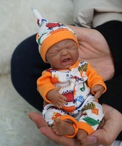 7″ Crying Baby Reborn Baby Doll Black, Mini Realistic Newborn Baby Dolls Silicone Full Body Stress Relief for Feeding Accessories Gift Box（Girl） 2