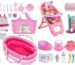 deAO 12” Baby Doll Play Set with Crib, Mobile, High Chair Feeding Accessories, Interactive Dolls for Girls Kids Pretend Play Baby Dolls