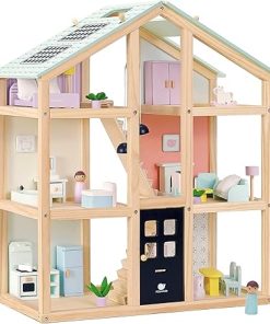 Wooden Dollhouse, Doll House with 38Pcs Furniture Accessories,3 Story Large Doll House, 6 Rooms Pretend Dollhouse, Gift for Girl Ages 3+